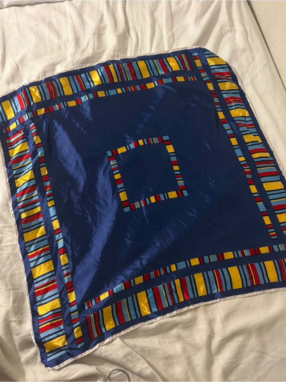 Blue Square Satin Scarf with Multicolor Stripe Border
